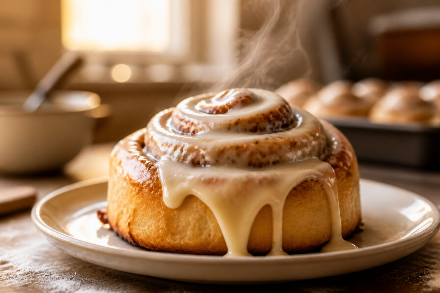 A cinnamon roll still steaming, icing dripping down the side